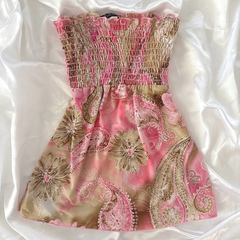 Eyelash Pink Paisley Floral Smocked Tube Top Y2K Glitter Strapless M